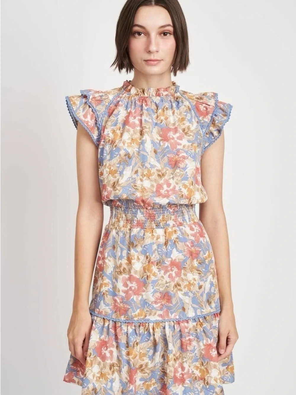 En Saison Floral Ruffle Neck Sleeveless Dress in Cream, Blue & Pink - Picture 4 of 4